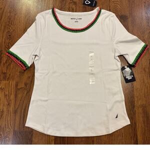 Nautica Jeans Women's Cotton Crochet-Trim Short Sleeve Tee White Size Large NWT